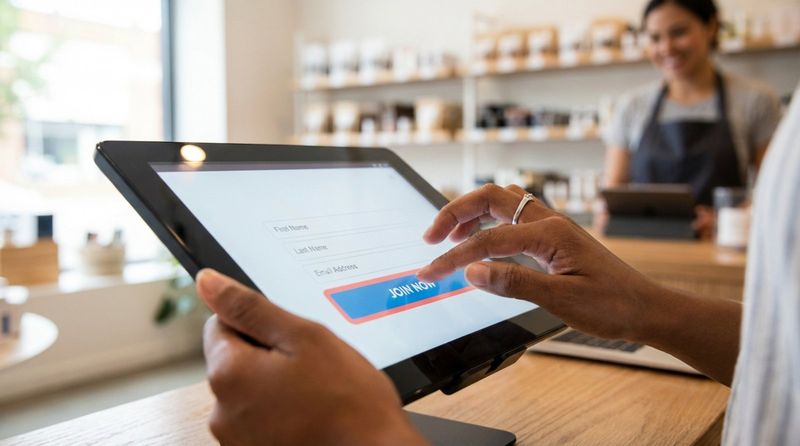 Customer uses a touchscreen tablet at checkout to access the store's loyalty program interface.