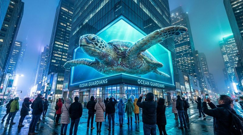A photorealistic scene of a 3D digital billboard on a skyscraper showing a sea turtle emerging from the screen, captivating pedestrians below with a stunning night city backdrop.