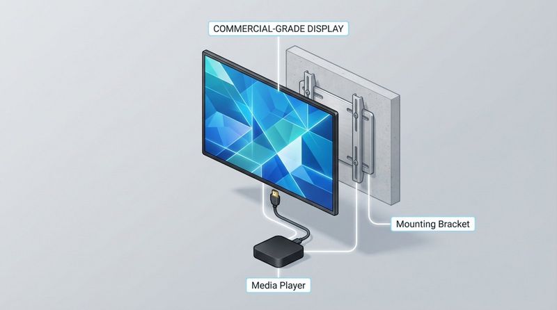 A modern infographic illustrating the hardware components of a digital information board system, including a wall-mounted display, media player, and mounting hardware.