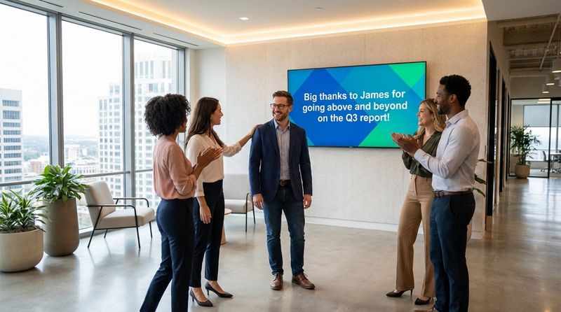 Colleagues celebrate peer-to-peer recognition in a modern office with a digital screen displaying appreciation message.