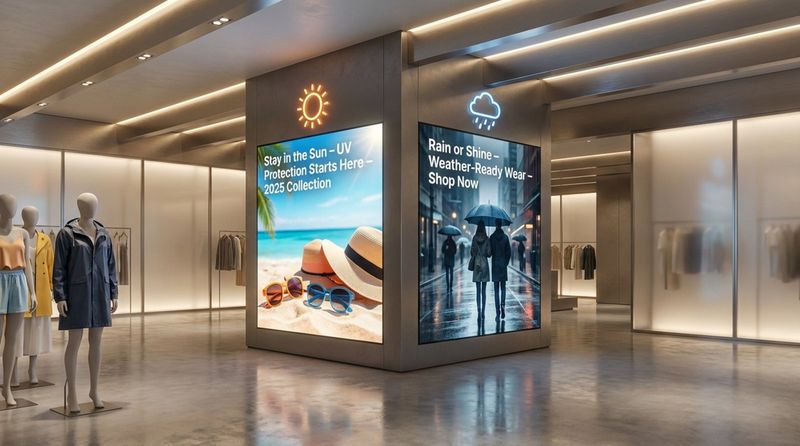 Split-screen digital illustration showing weather-based content adaptation in a retail store with sunny and rainy scenes.