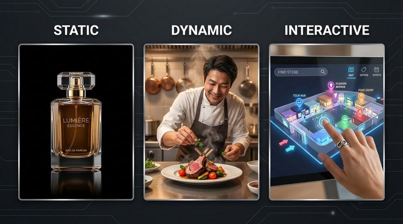 A triptych illustration comparing static, dynamic, and interactive digital posters showing a perfume bottle, a chef garnishing, and a person browsing a map.