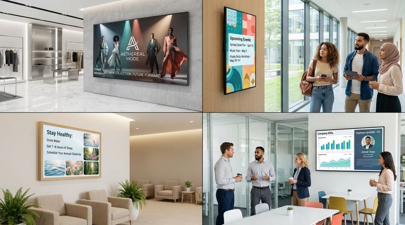 A collage of digital posters displayed in retail, educational, healthcare, and corporate settings.