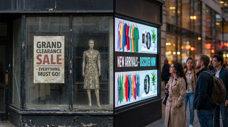 Split-screen showing an old-fashioned retail window transforming into a vibrant digital display to attract customers.
