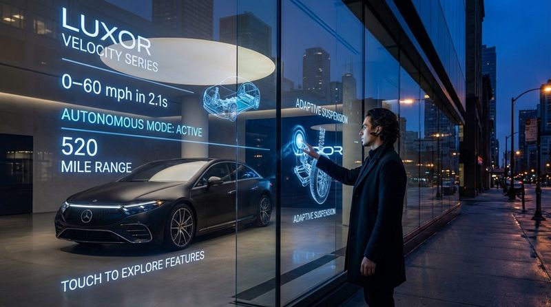 A high-end storefront at dusk featuring a large interactive display showcasing a luxury car through digital overlays and physical display.