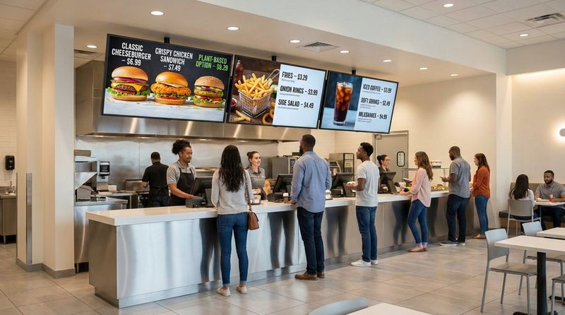 Interior of a modern quick-service restaurant featuring digital menu boards mounted at an angle for clear viewing and a clean, efficient atmosphere.