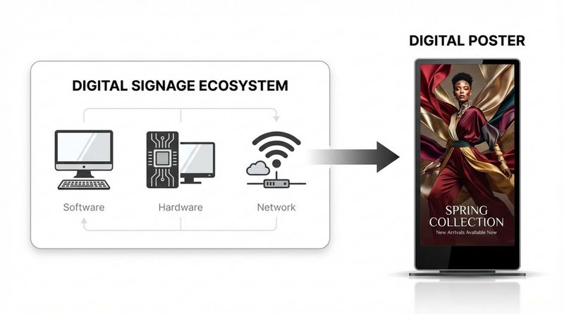 A modern infographic illustrating the difference between Digital Signage and a Digital Poster, showing a digital signage ecosystem with icons and an arrow pointing to a digital poster displaying a fashion ad.