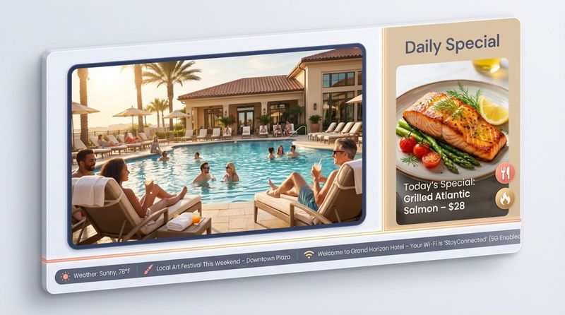 An infographic showing a hotel elevator digital signage screen divided into three zones with a pool video, restaurant special, and news ticker.
