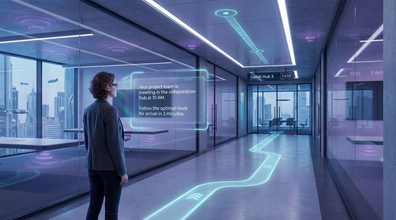 A high-tech illustration of a smart office with digital overlays showing AI suggestions and connected sensors, highlighting an advanced, connected workspace.