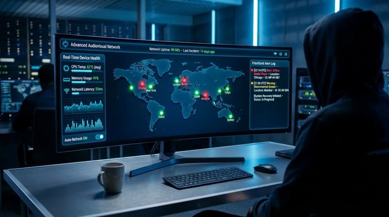 IT technician viewing a large curved monitor displaying a remote AV network monitoring dashboard with a world map and device status indicators.