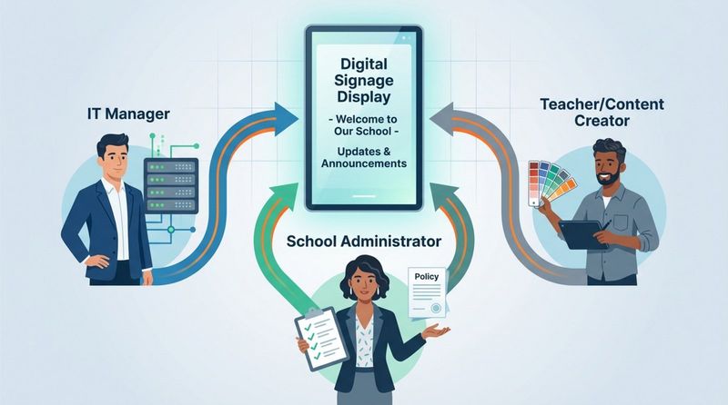An infographic showing three interconnected figures representing IT Manager School Administrator and Teacher or Content Creator collaborating around a central digital screen.
