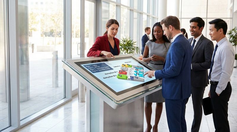 A digital kiosk displaying a 3D building map in a busy corporate lobby with diverse people viewing it.