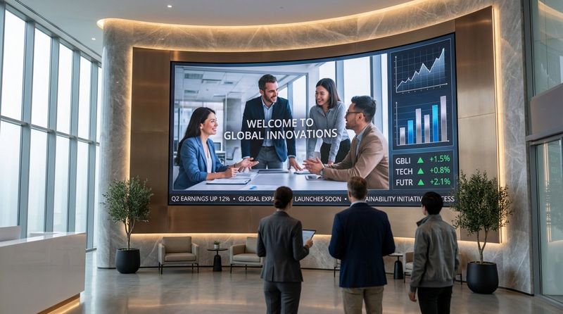 A modern corporate lobby featuring a large video wall displaying a welcome video, financial data, and news ticker with professionals observing.