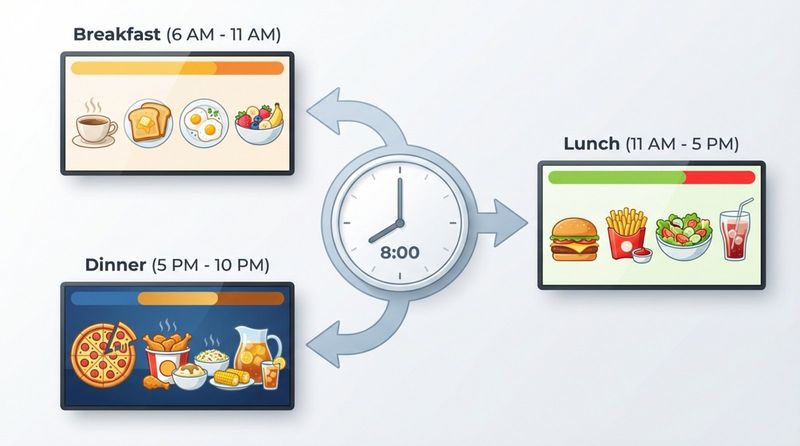 Modern infographic illustrating dayparting concept with a clock linked to different menu screens for breakfast lunch and dinner.
