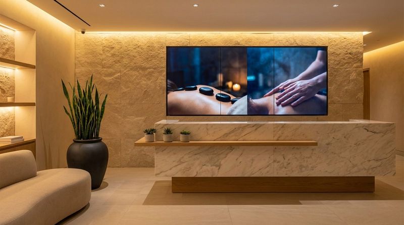 A serene and upscale spa reception area with a digital signage screen displaying a calming video, highlighting a relaxing atmosphere and modern decor.