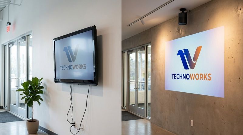 Comparison of traditional bulky LCD signage and sleek projection digital signage in an office lobby demonstrating flexibility and modern design.