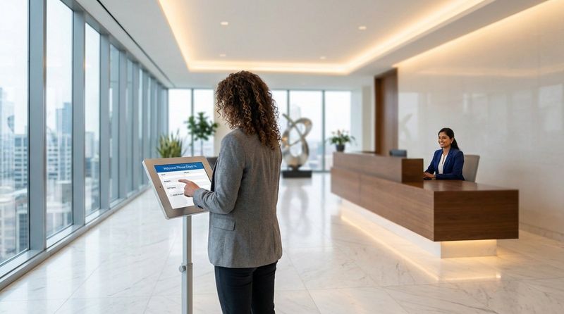 A visitor uses a sleek tablet kiosk to check in at a modern corporate lobby, emphasizing efficient self-service.