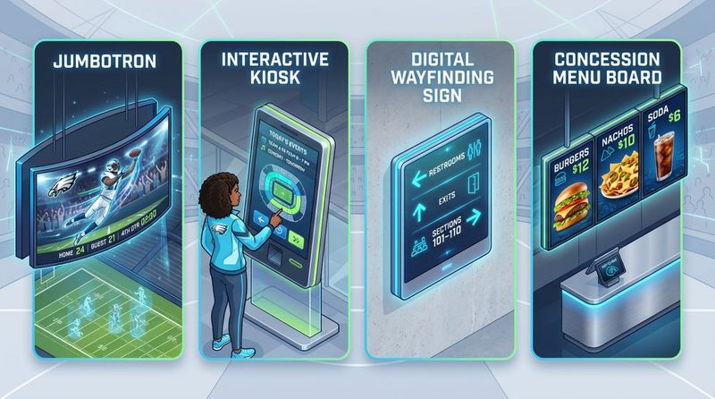 Modern infographic illustrating various digital signage types in a sports venue including a jumbotron, touchscreen kiosk, digital wayfinding sign, and menu board.