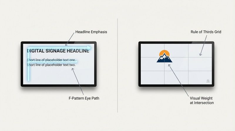 Diagram illustrating two key layout principles for digital signage, showing the F-Pattern eye flow and the Rule of Thirds grid for balanced design.
