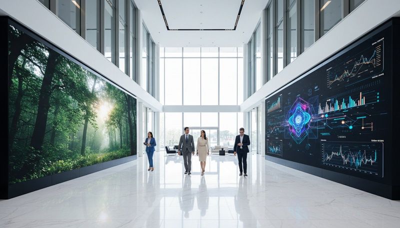 A modern corporate lobby featuring seamless high-resolution screens displaying a forest image and a colorful data chart.