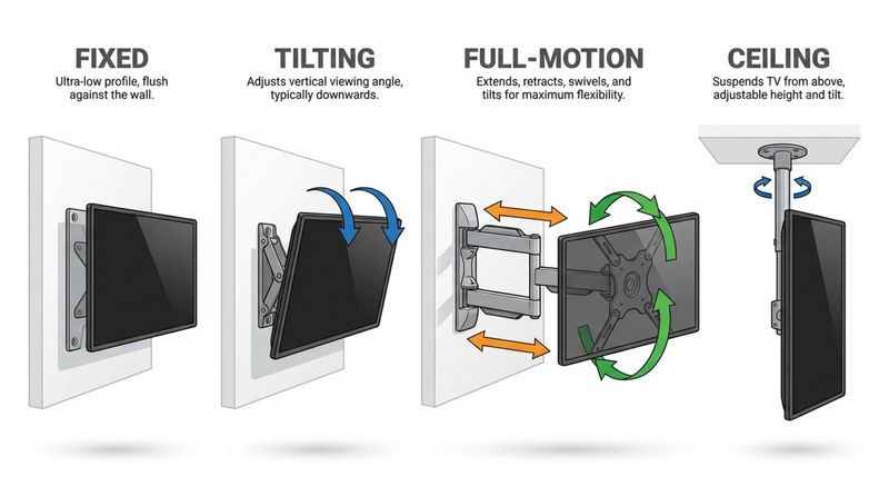 Illustration of four TV mount types on a white background showing fixed, tilting, full-motion, and ceiling mounts with labels and arrows indicating features.