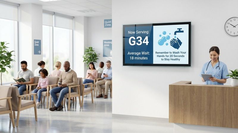 Photorealistic depiction of a digital information board in a modern hospital waiting room displaying queue numbers and health tips to assist patients.