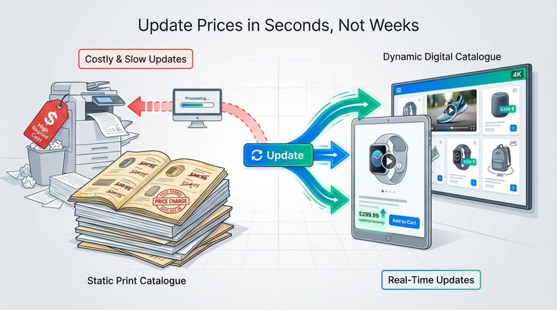 An infographic illustrating the difference between static print and dynamic digital catalogues, highlighting instant updates and interactivity.