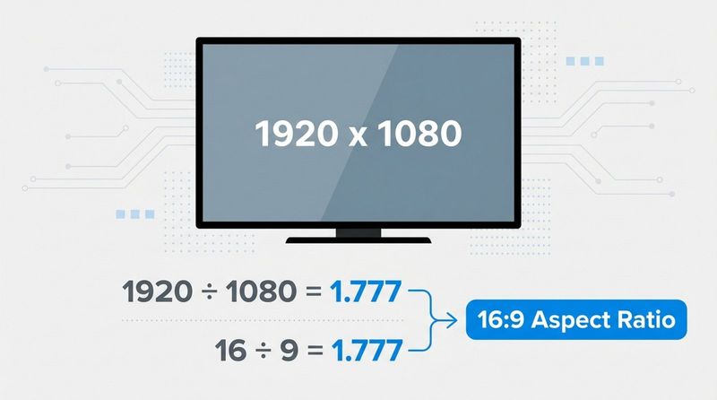 Educational infographic illustrating how to calculate aspect ratio using resolution and simple division.