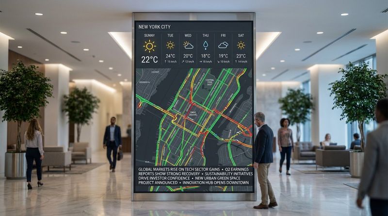 A large digital information board displaying weather, news, and traffic data in a professional office lobby.