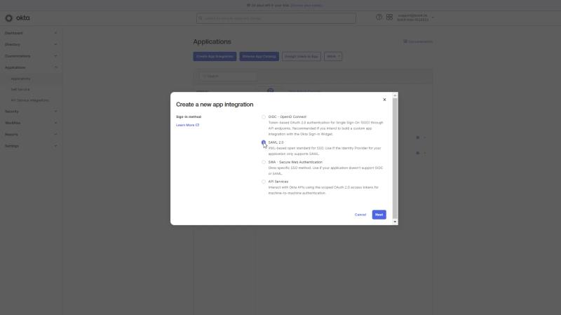 Create Saml integration in OKTA