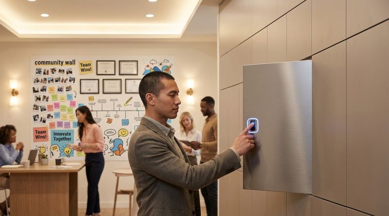 A person uses a fingerprint scanner to access a modern personal locker with a community wall in the background. The scene emphasizes privacy and shared culture in a workspace.