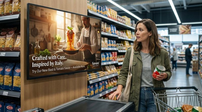 A shopper pauses at a conveyor belt to watch a digital screen showcasing a chef preparing artisanal pasta sauce, highlighting engaging content for product promotion.