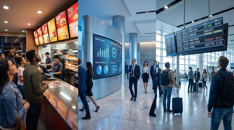 A collage showing digital signage in quick-service restaurants, corporate lobbies, and airport terminals demonstrating dynamic professional displays.