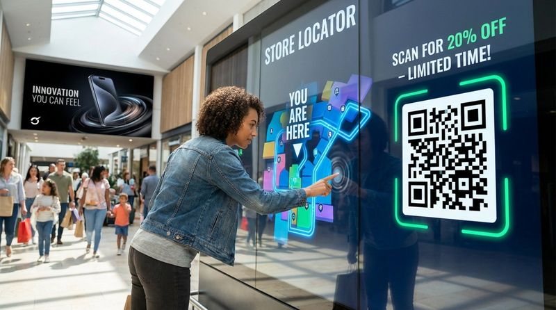 A person interacts with a large touch-screen video wall displaying a colorful wayfinding map and promotional content in a busy shopping mall.