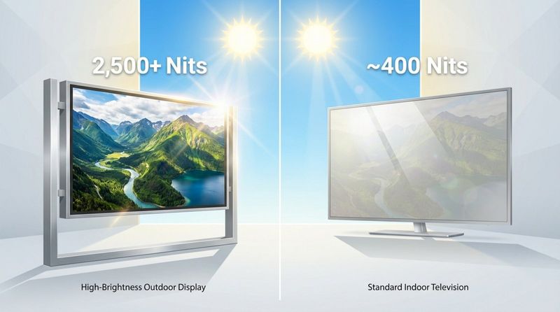 A split-screen infographic comparing outdoor and indoor displays under bright sunlight, highlighting brightness differences and visibility.