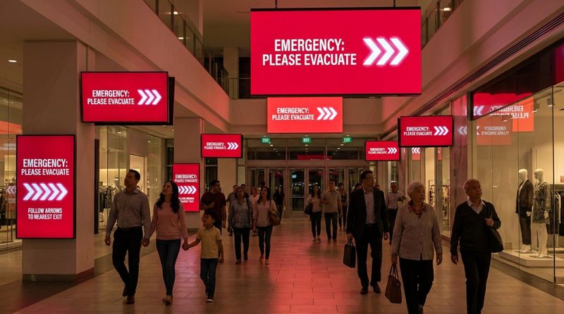 Photorealistic image of digital screens in a mall displaying emergency evacuation instructions with red backgrounds and arrows.