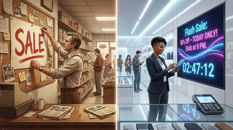Comparison of traditional and modern sales promotion methods with vintage and sleek retail scenes.