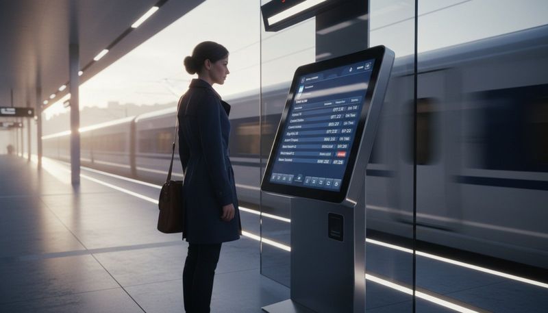 A digital kiosk displaying real-time train departure information at a modern station platform.