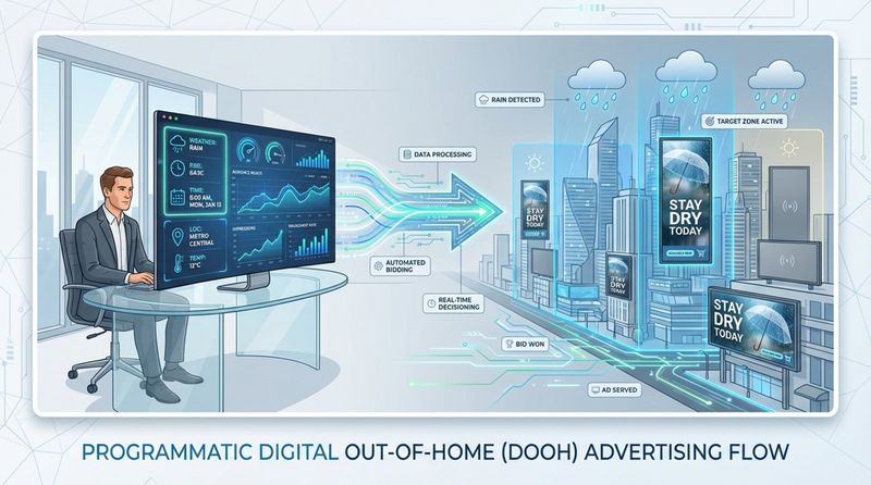An infographic illustrating automated digital out-of-home advertising driven by data triggers. It shows a computer dashboard with weather and time data directing selective activation of city screens displaying umbrellas.