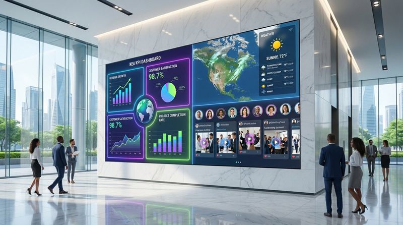 A large digital signage screen in a corporate lobby displaying KPIs, weather, and social media feeds.