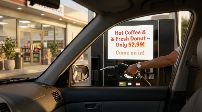A driver fills a car at a fuel pump with a bright digital screen displaying a special offer for hot coffee and a donut.