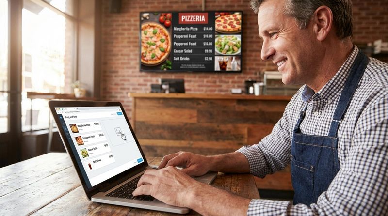 A pizzeria owner customizing a digital menu on a laptop, demonstrating ease and professionalism in menu management.