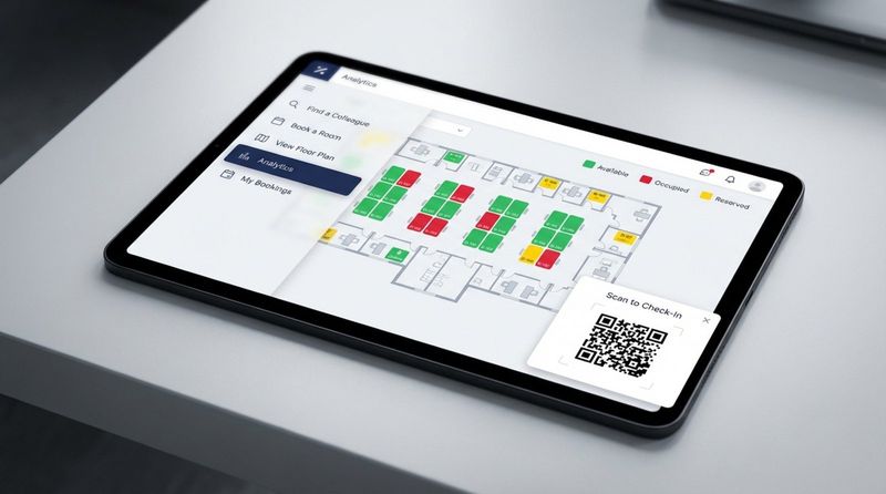 Close-up of a tablet displaying an office hoteling software dashboard with an interactive floor plan and color-coded desks.