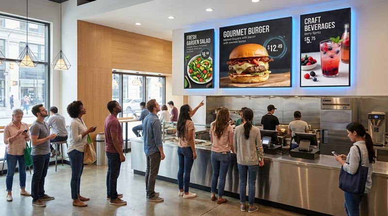 Interior of a modern fast-casual restaurant during lunch with digital menu boards and customers in line.