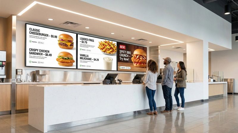 A bright and welcoming fast-food restaurant interior with digital menu boards displaying appetizing food images.