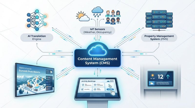 A modern infographic diagram showing key technologies behind resort digital signage with a central content management system connected to AI translation, IoT sensors, and property management system, distributing information to various displays.
