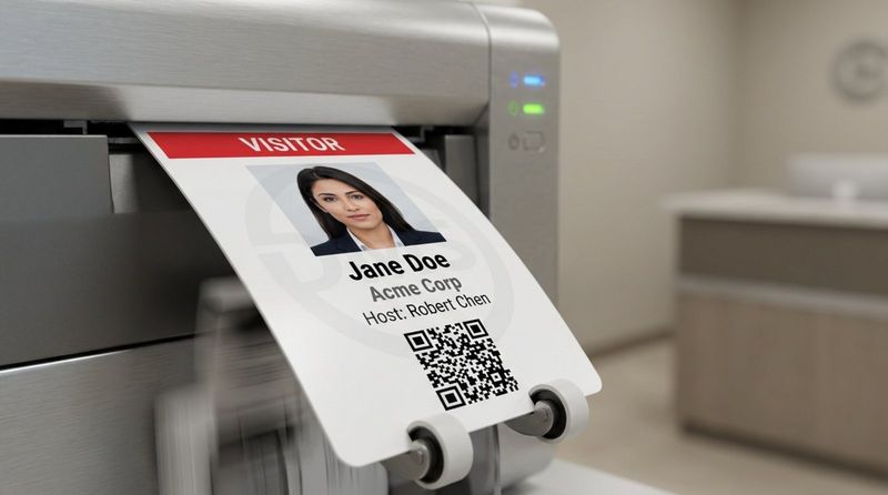 Close-up of a freshly printed visitor badge showing a photo, name, company, host, and QR code emerging from a modern badge printer.