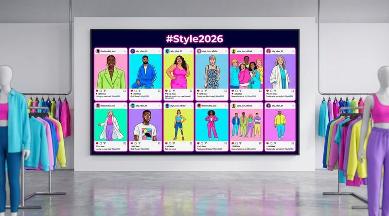 A digital screen displays a social wall with Instagram posts from happy customers wearing the brand's clothes in a trendy store.