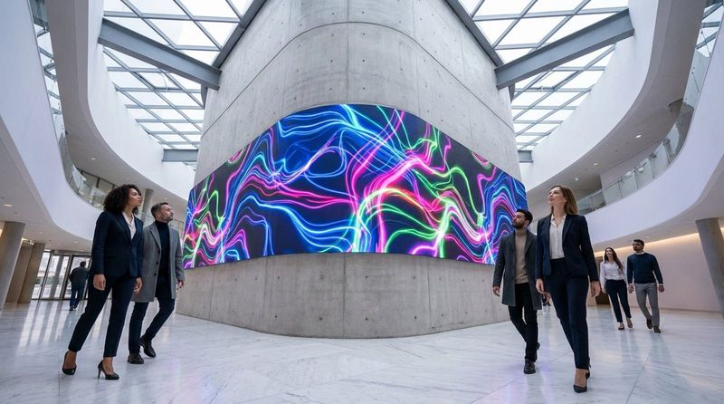 A photorealistic view of a futuristic building's atrium featuring a Samsung The Wall display wrapped around a concrete pillar showing vibrant abstract digital art.