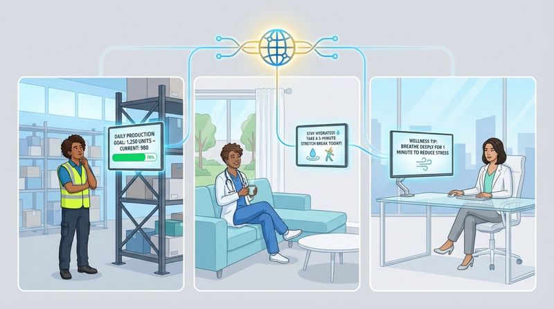 A modern three-panel illustration showing different workers connected through screens, symbolizing unified communication and inclusion across roles.